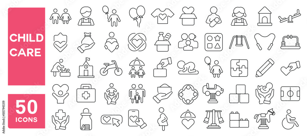 Set of 50 line icons related to child care, children, kid, rights, charity, parent, baby, protect, Editable stroke. Vector illustration Set of 50 line icons related to child care, children, kid, rights, charity, parent, baby, protect, Editable stroke. Vector illustration