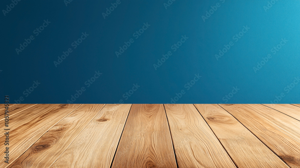 Wooden plank floor with a plain blue wall in a minimalistic interior setting, showing texture and color contrast. Wooden plank floor with a plain blue wall in a minimalistic interior setting, showing texture and color contrast.