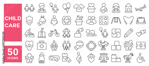 Set of 50 line icons related to child care, children, kid, rights, charity, parent, baby, protect, Editable stroke. Vector illustration