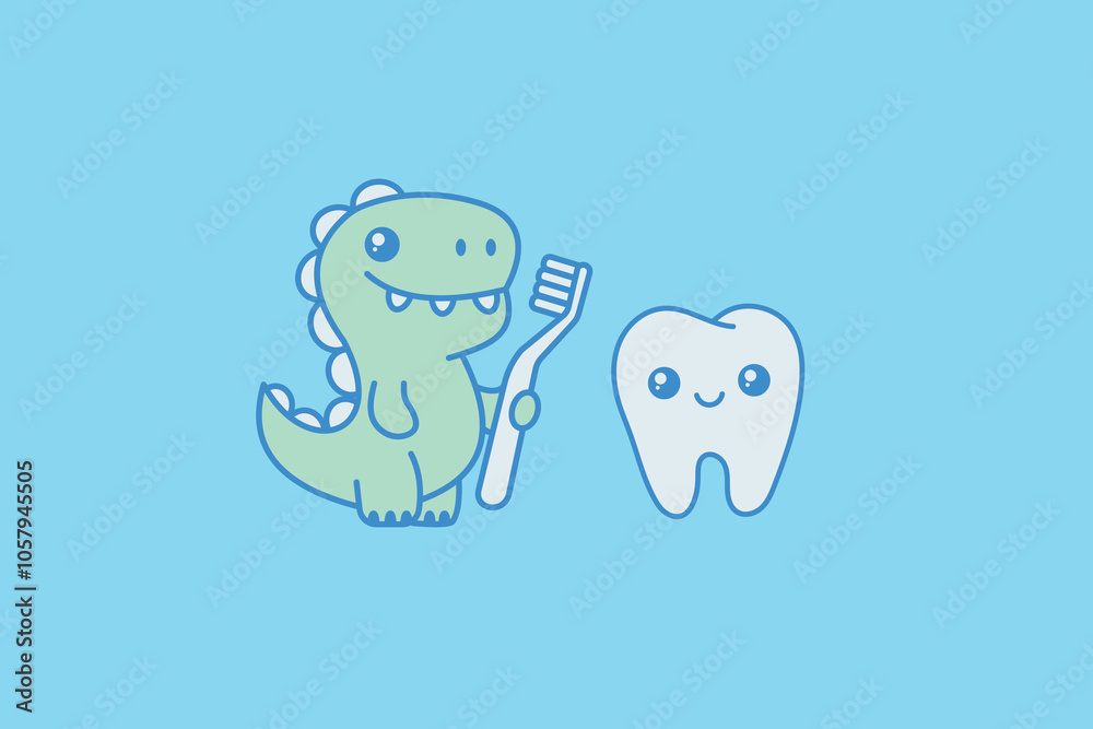 Cute dinosaur with a toothbrush. And a cute tooth. Pediatric dentistry. dentist. Logo, emblem, print. Vector illustration on blue background