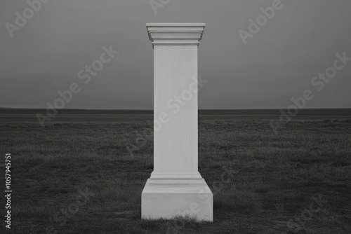 A single white column stands tall against a gray sky, in a field of grass. photo