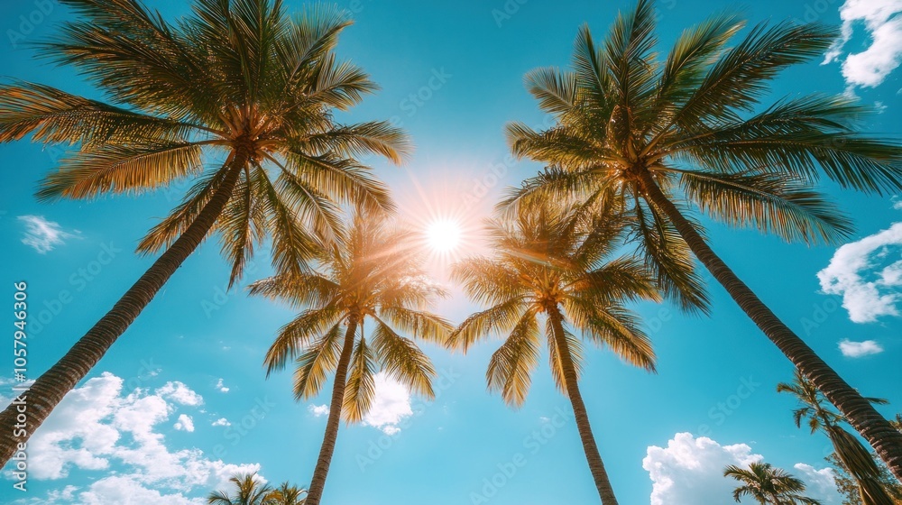 Palm trees reach for the sun in a tropical paradise. Palm trees reach for the sun in a tropical paradise.