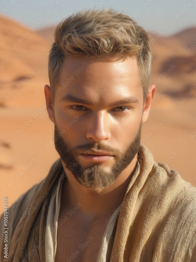A striking portrait of a man with a well-groomed beard stands against a desert backdrop, bathed in warm light. A striking portrait of a man with a well-groomed beard stands against a desert backdrop, bathed in warm light.