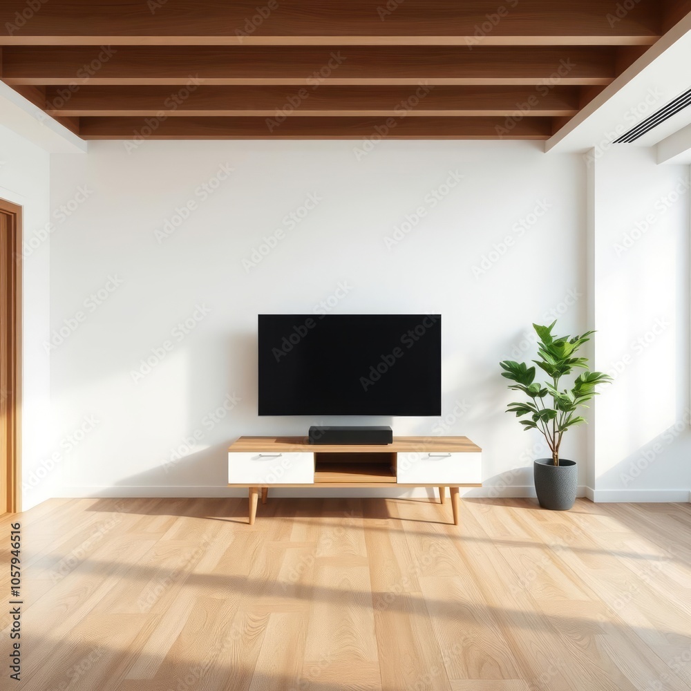 Television put on tv stand wood table in minimal empty space livingroom room background white wall generative ai Condominium Television put on tv stand wood table in minimal empty space livingroom room background white wall generative ai Condominium