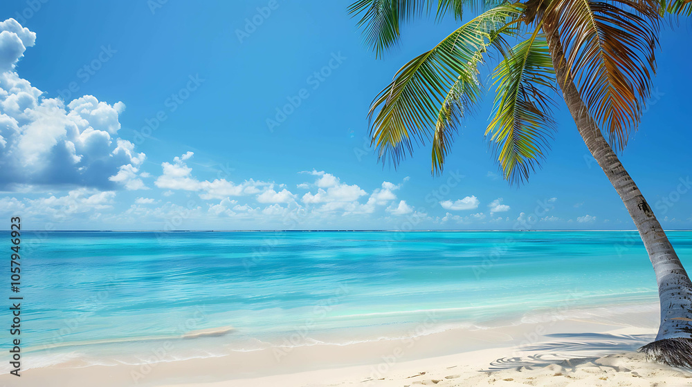 Fototapeta premium The perfect beach scene. A beautiful palm tree leans over a pristine white sand beach. The water is crystal clear and blue.