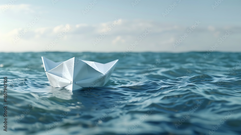 Obraz premium A paper boat floating on the water. The boat is white and the water is blue. The boat is in the foreground and the water is in the background.