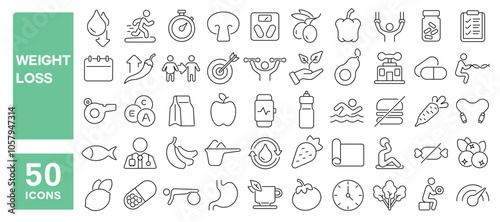 Set of 50 line icons related to weight loss, fat, calories, healthy, eat, healthy, lifestyle, fitness, diet, meal, Editable stroke. Vector illustration