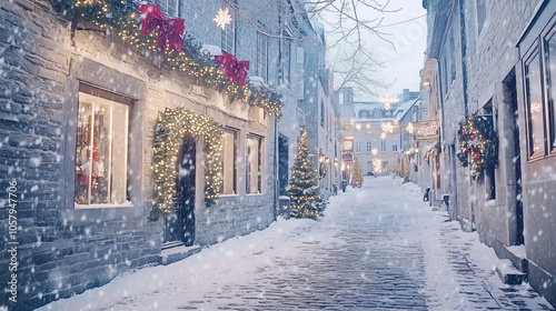 Snowy Christmas street with holiday decorations and lights