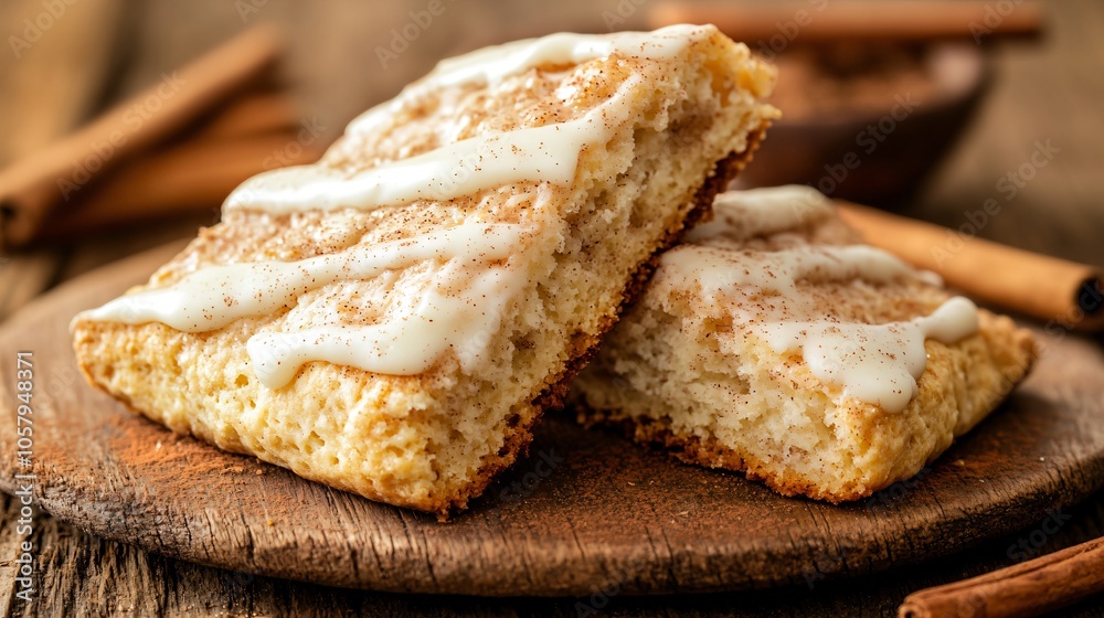 Cinnamon swirl scone with extra cinnamon topping, isolated on a rustic brown background, with cinnamon sticks Cinnamon swirl scone with extra cinnamon topping, isolated on a rustic brown background, with cinnamon sticks