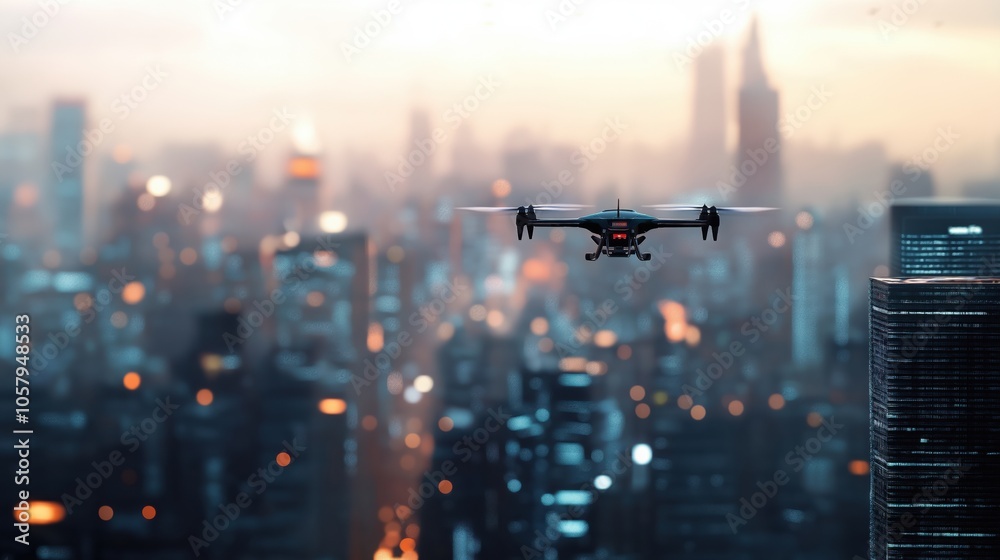 A drone soaring above a bustling city skyline during sunset. A drone soaring above a bustling city skyline during sunset.