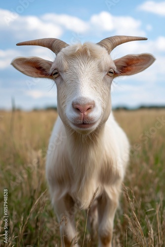 A curious goat faces the camera in a wide open field, highlighting its playful and inquisitive nature in nature.