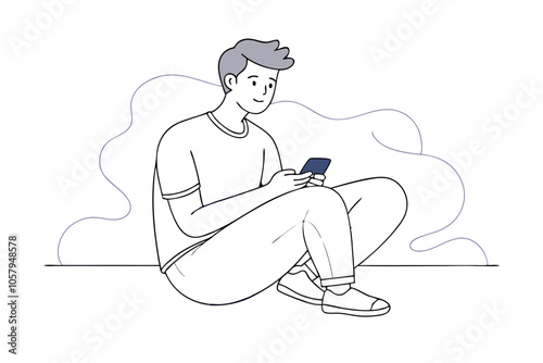 Young Man Sitting on Floor Using Smartphone - Simple Line Art