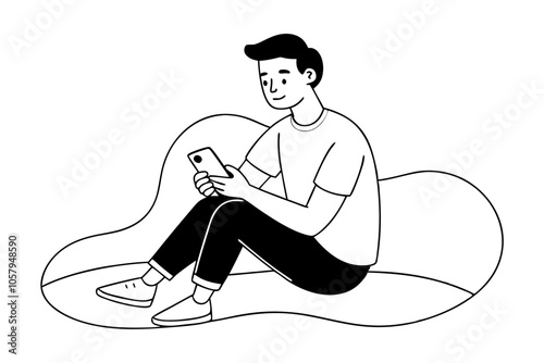 Young Man Sitting on Floor Using Smartphone - Simple Line Art