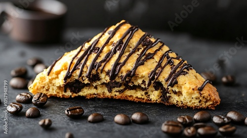 Espresso-flavored scone with dark chocolate drizzle, isolated on a charcoal background, with coffee beans photo