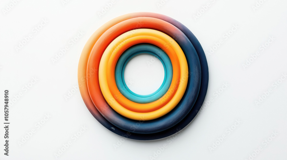 Abstract 3D artwork featuring layered concentric circles with gradient colors ranging from orange to blue on a white background Abstract 3D artwork featuring layered concentric circles with gradient colors ranging from orange to blue on a white background