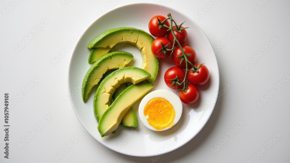 A plate of healthy food with avocado, tomato, and egg. A plate of healthy food with avocado, tomato, and egg.