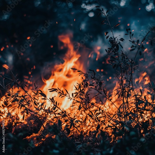 A vivid depiction of a wildfire consuming forest underbrush, showcasing nature's power and the delicate balance of life.