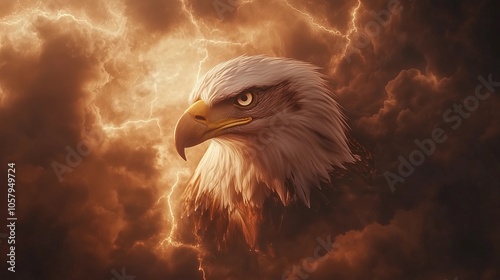 A majestic eagle surrounded by storm clouds, showcasing strength and nature's fury.