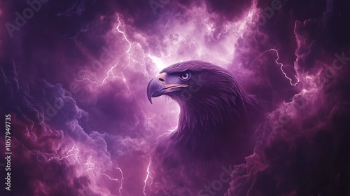 A powerful purple eagle amidst dramatic storm clouds, embodying strength and mystery.