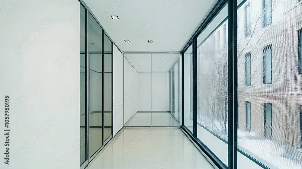 Modern Minimalistic Concrete Coworking Office room with Blank Walls, High Ceilings,and Mockup Frame Modern Minimalistic Concrete Coworking Office room with Blank Walls, High Ceilings,and Mockup Frame