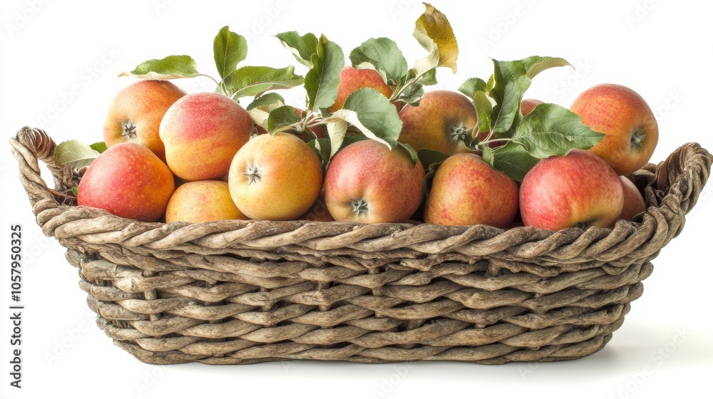 Rustic basket of fresh apples with green leaves on white