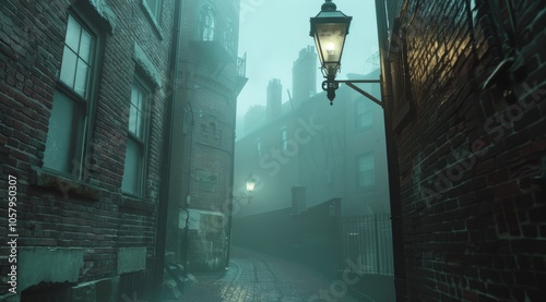 Misty, foggy alley in Old city, with brick buildings and victorian gas street lamps, horror movie. Historical streets.