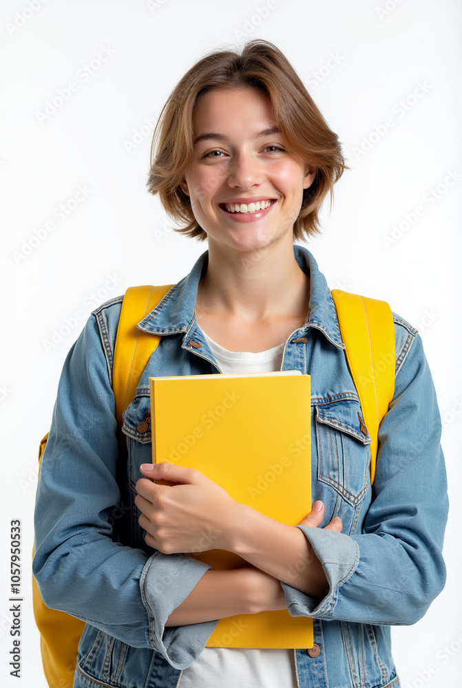 Mulher de cabelo curto estudante sorridente com livro amarelo 2 Mulher de cabelo curto estudante sorridente com livro amarelo 2