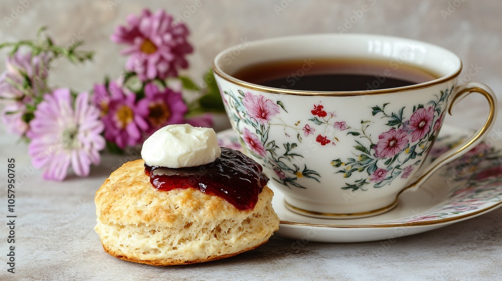 Traditional English scone with dollops of jam, isolated on a soft gray background, with a floral tea cup Traditional English scone with dollops of jam, isolated on a soft gray background, with a floral tea cup