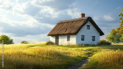 A quaint, thatched-roof cottage surrounded by golden fields under a blue sky.