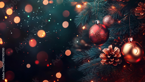 Christmas tree with red balls and golden bokeh lights