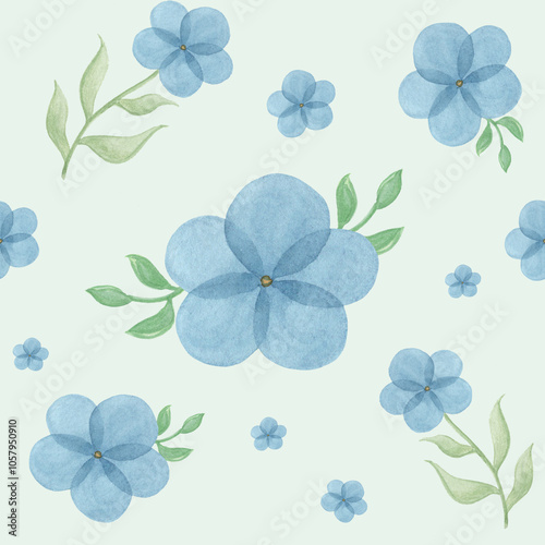 seamless floral pattern with blue flowers and light green background