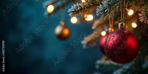 Christmas lights, stars and red baubles hanging on fir branches in abstract navy blue blurred background.
