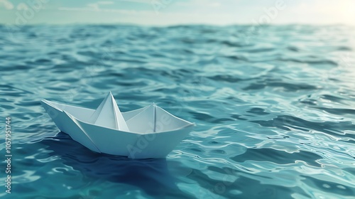 A small paper boat is floating on the surface of the ocean. The boat is white and has two sails.