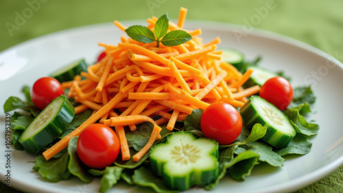 Fresh vegetable salad on a white plate.