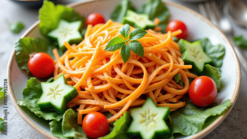 A vibrant salad with noodles, tomatoes, cucumbers, and parsley. A vibrant salad with noodles, tomatoes, cucumbers, and parsley.