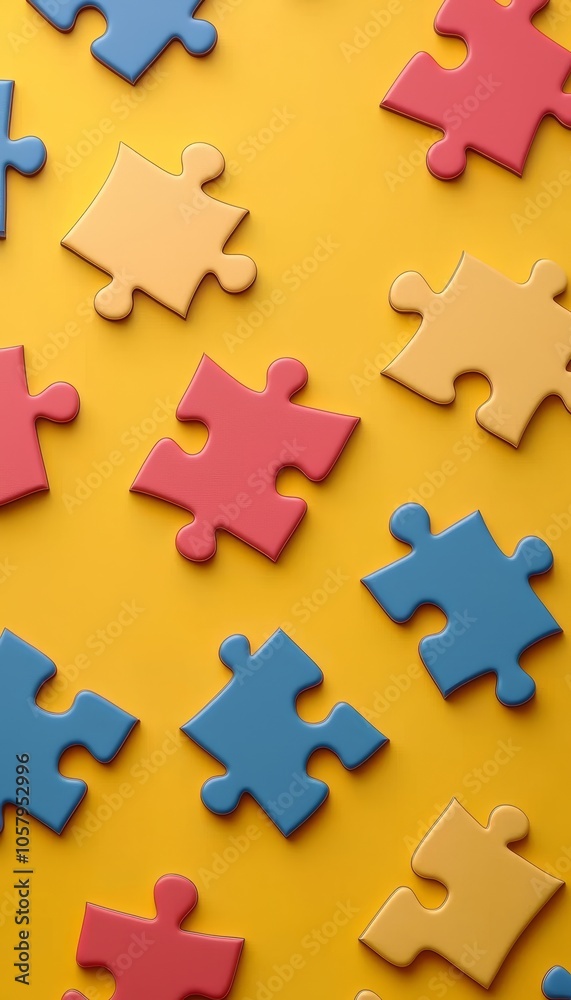 Colorful Puzzle Pieces Scattered on Yellow Background, Autism Awareness and Neurodiversity Concept Colorful Puzzle Pieces Scattered on Yellow Background, Autism Awareness and Neurodiversity Concept