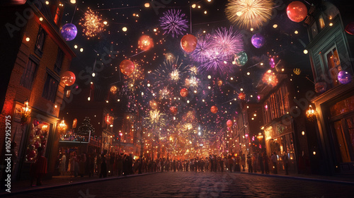 Colorful fireworks burst against a dreamy bokeh backdrop, creating a vibrant, festive atmosphere that captures the joy of New Year celebrations