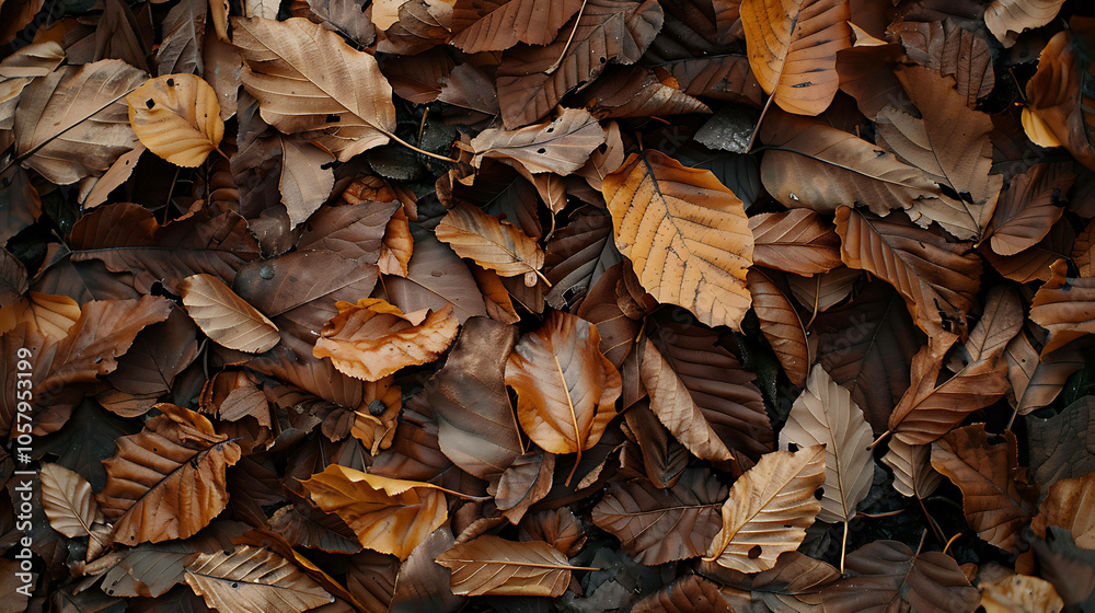 A close-up of a pile of brown and orange autumn leaves. The leaves are in various stages of decay, with some still green and others completely brown. A close-up of a pile of brown and orange autumn leaves. The leaves are in various stages of decay, with some still green and others completely brown.