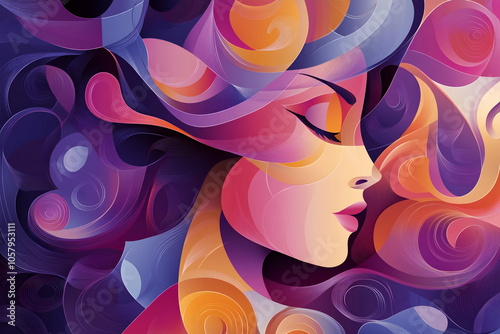 abstract illustration for the world women day, pretty girl closed eyes in elegance mixed gradients colorful art, The Essence of Femininity Beautiful Girl Face Painted with Bold, Vibrant Colors