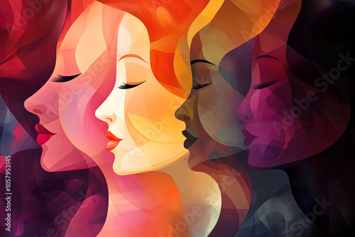 multi female faces in the queue with closed eyes multi colors elegance abstract art,  useful effective women's day and rights awareness program campaign