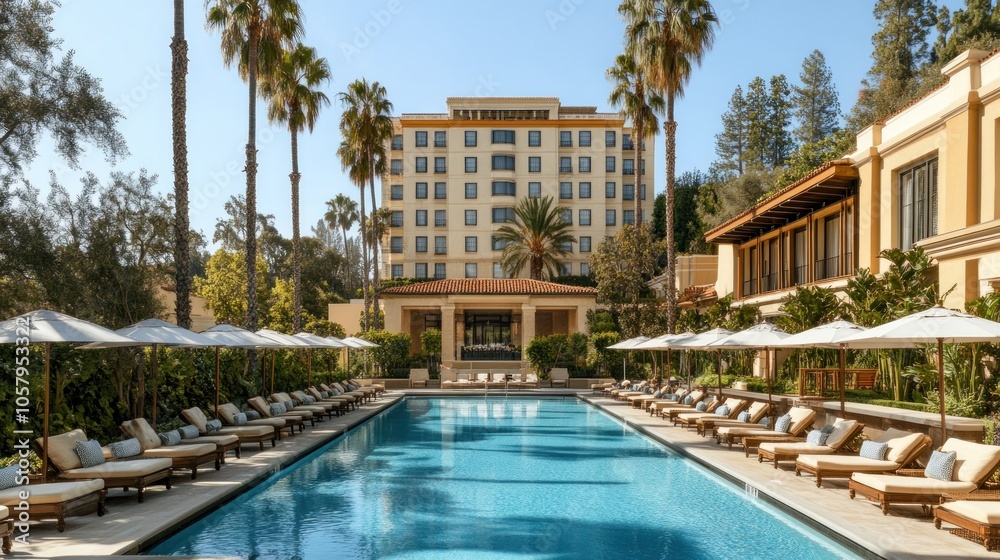 Resort swimming pool with lounge chairs and palm trees.