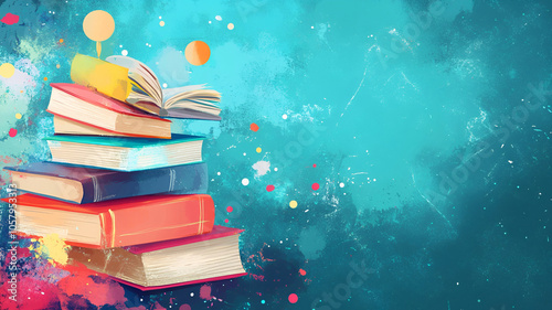 abstract illustration of education day, educational copy space books with colorful watercolors drop 