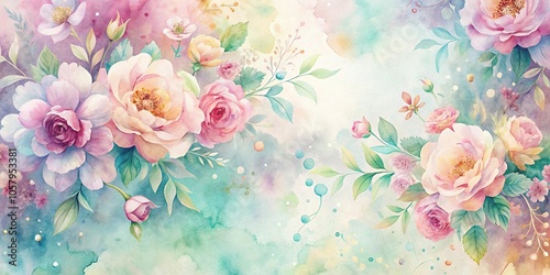 Macro pastel watercolor flower pattern with subtle watercolor splashes in the background