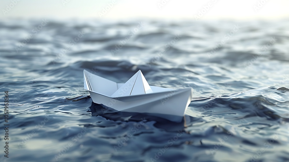 A small paper boat is floating on the water. The boat is white and has a triangular sail. The water is blue and the waves are small. A small paper boat is floating on the water. The boat is white and has a triangular sail. The water is blue and the waves are small.