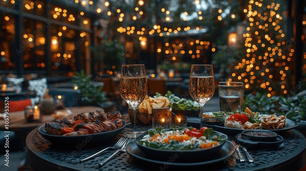 Romantic dinner for two on a patio at night with string lights. Romantic dinner for two on a patio at night with string lights.