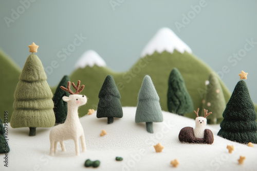 Paisagem natalina em miniatura com Papai Noel, renas e pinheiros cobertos de neve, estilo lúdico e colorido, criado por IA generativa.