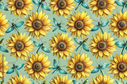 Macro seamless pattern featuring sunflowers and dragonflies