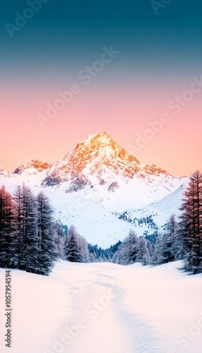 A snow-capped mountain peak bathed in the warm glow of sunrise. The snowy landscape is dotted with fir trees.