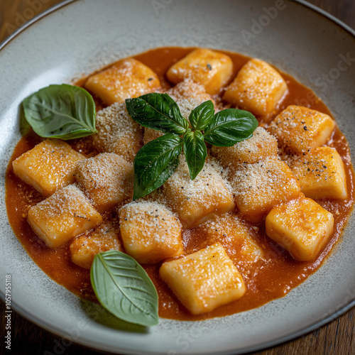 Traditional Italian Gnocchi with Rich Tomato Sauce, Topped with Fresh Basil and Grated Parmesan photo
