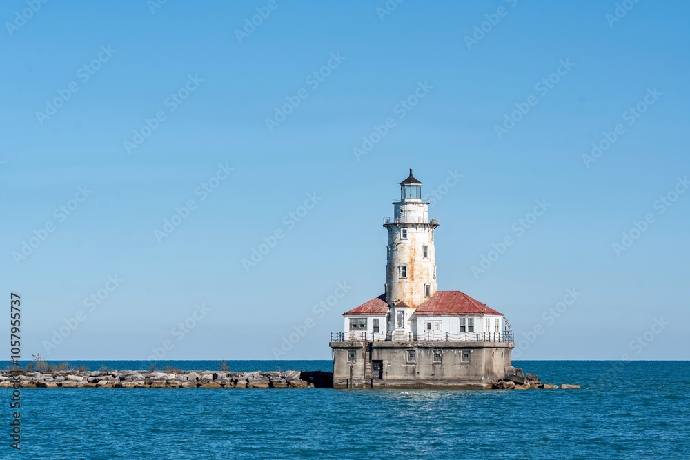 The Chicago Harbor Lighthouse in Lake Michigan - Located east of Chicago, IL near Navy Pier The Chicago Harbor Lighthouse in Lake Michigan - Located east of Chicago, IL near Navy Pier